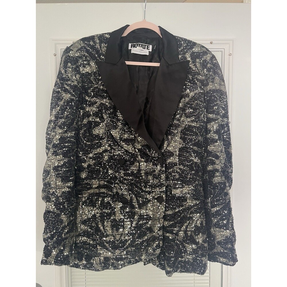 Rotate Birger Christensen Augustina Sequin Blazer Women’s Size‎ 6 Black/ Silver - Picture 6 of 11